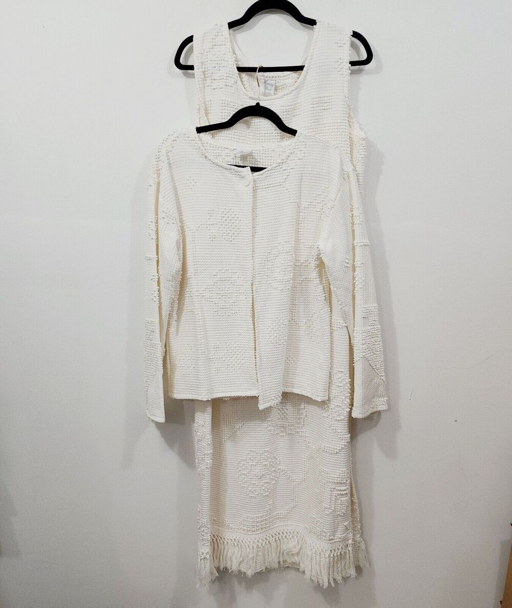 Memory Lane by Deborah Dress Set Vintage Cotton Woven Fringe Lagenlook White L